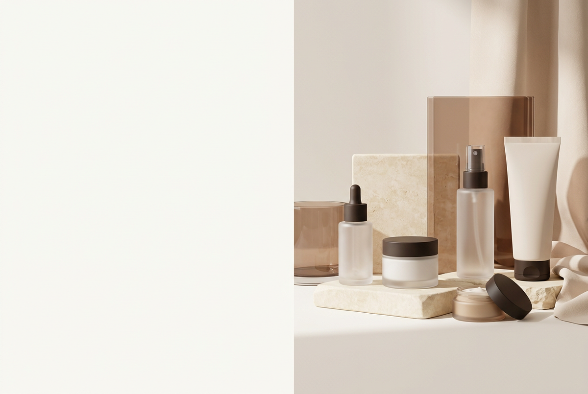 Premium ivory and cocoa skincare hero with products on the right and clear space on the left
