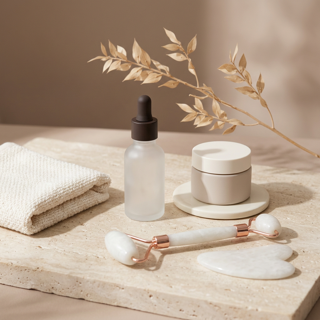 Square self-care lifestyle image in milky ivory, mocha and cocoa tones